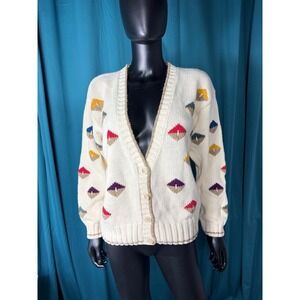 Distinction Vintage Cream Diamond Intarsia Knit Cardigan‎ Sweater Womens Large
